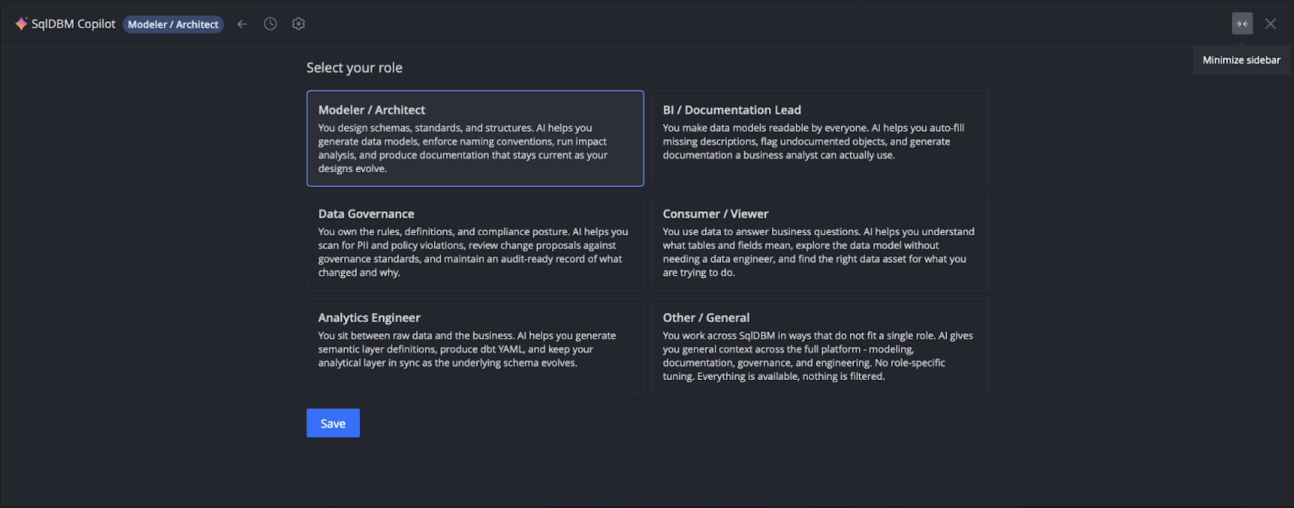 User interface displaying role selection options for AI Copilot, including Modeler, Data Governance, Analytics Engineer, and Consumer, each with role-specific AI capabilities.