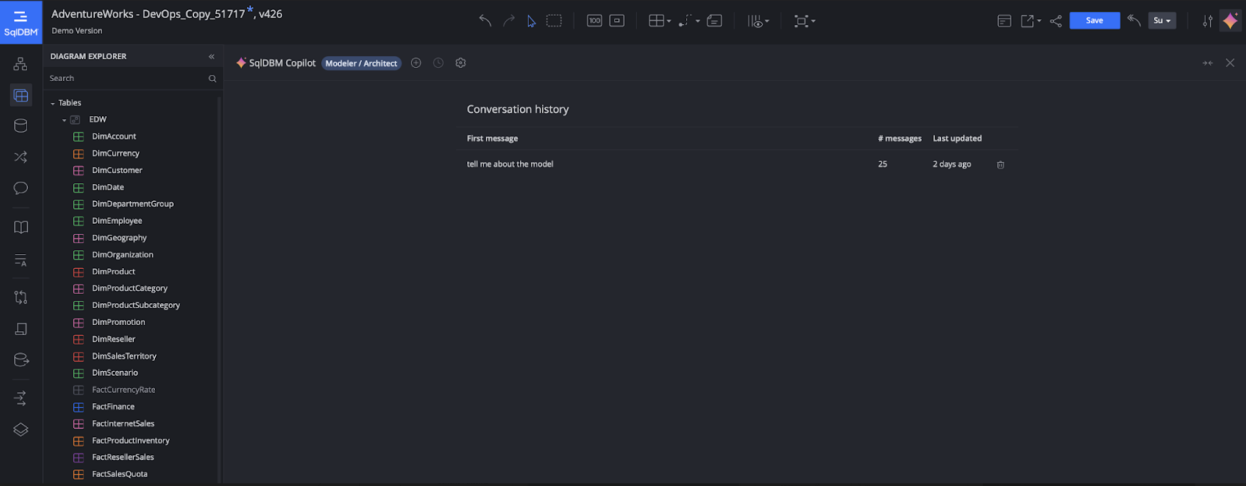 SqlDBM Copilot interface showing saved conversation history for a data model, including previous queries and timestamps, enabling continuity across sessions.