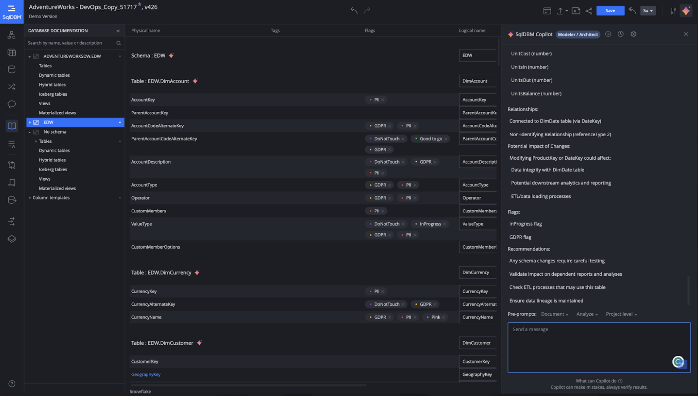 SqlDBM interface showing database documentation alongside AI Copilot panel analyzing table relationships, schema structure, and potential impact of changes within a data model.